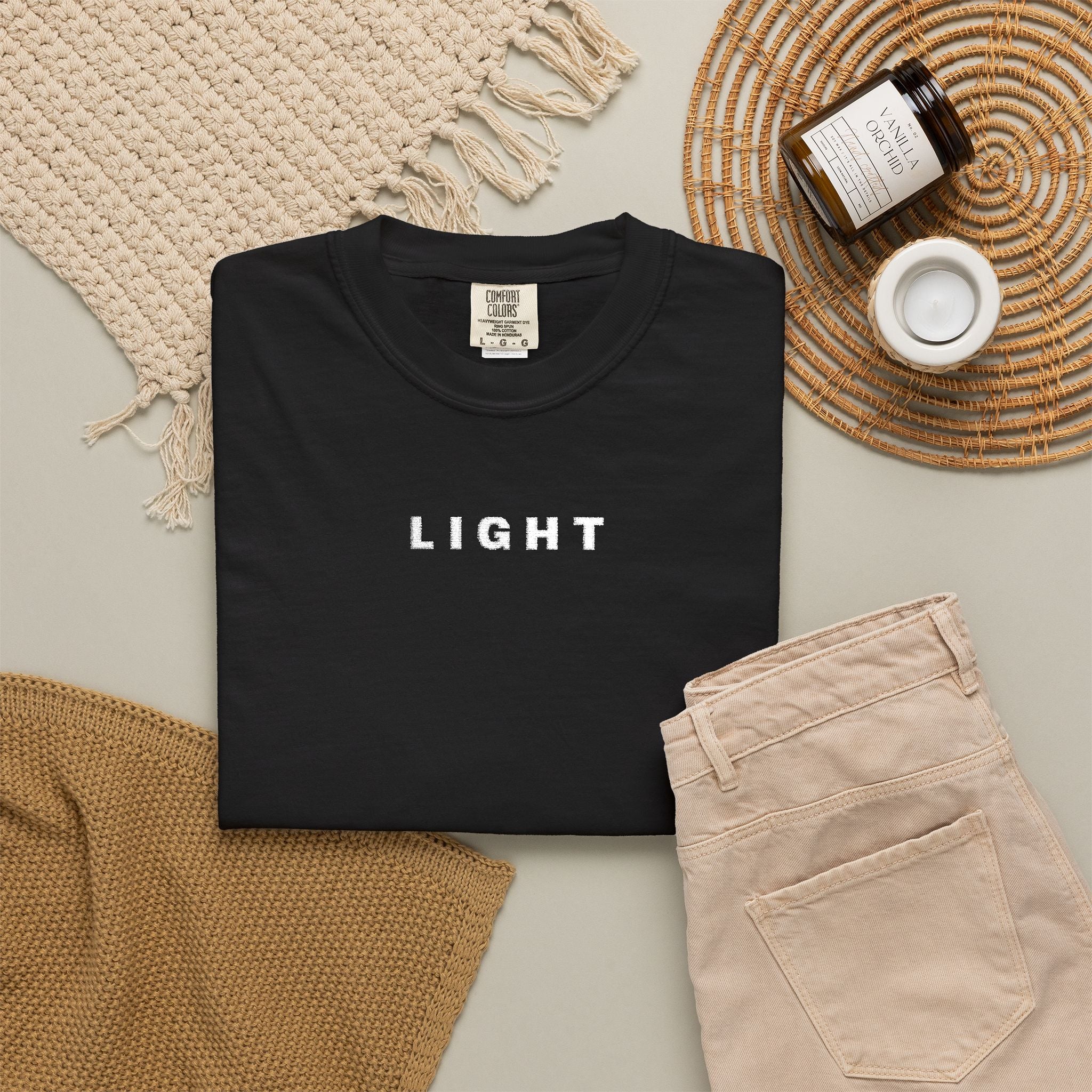 black, embroidered tee
